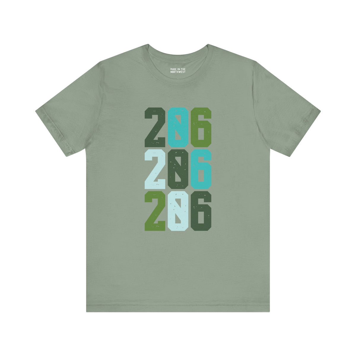 Two-Oh-Six Pop Premium Soft Tee in green with vibrant 206 design, perfect for Seattle locals.
