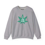 Gray sweatshirt with a green marijuana leaf graphic saying 'I ❤ THE PNW' celebrating Pacific Northwest culture.