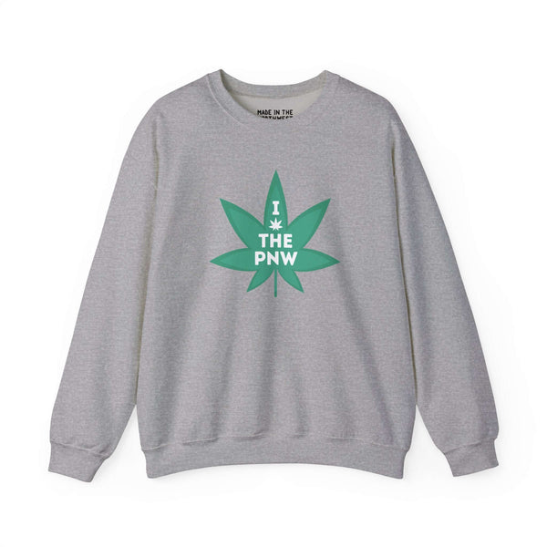 Gray sweatshirt with a green marijuana leaf graphic saying 'I ❤ THE PNW' celebrating Pacific Northwest culture.