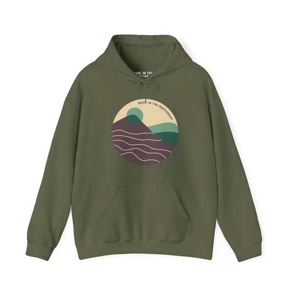 Pacific Peaks Modern Circle Hoodie in green, featuring a minimalist mountain design inspired by the Pacific Northwest.