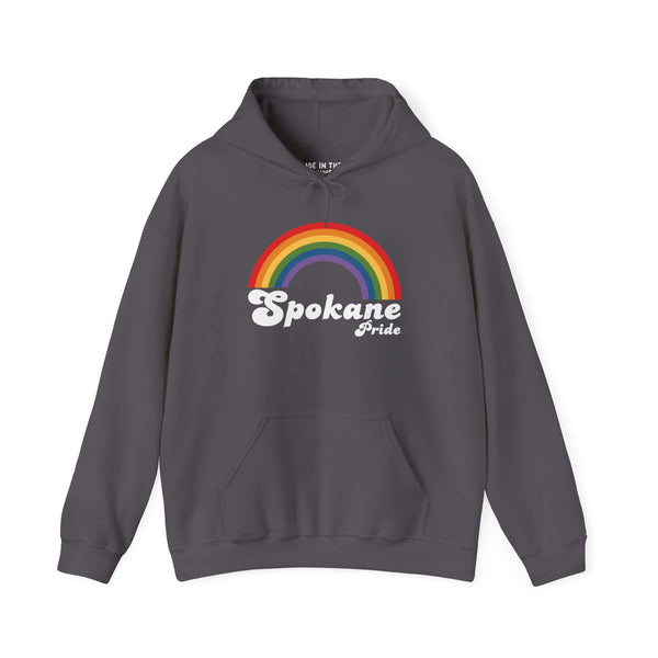 Spokane Pride hoodie featuring a colorful rainbow design, celebrating love and inclusivity.