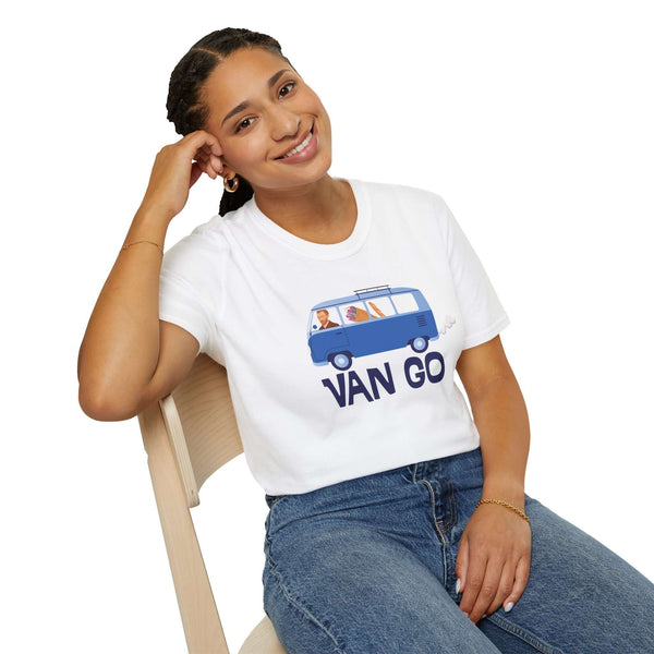 Woman wearing a Vincent in a Van Go Softstyle T-Shirt with a VW van graphic, showcasing art and wanderlust.