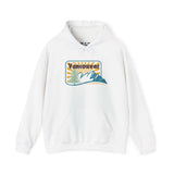 Vancouver's Golden Hour unisex hoodie featuring mountains, trees, and a sunburst design.