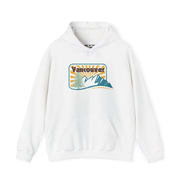 Vancouver's Golden Hour unisex hoodie featuring mountains, trees, and a sunburst design.