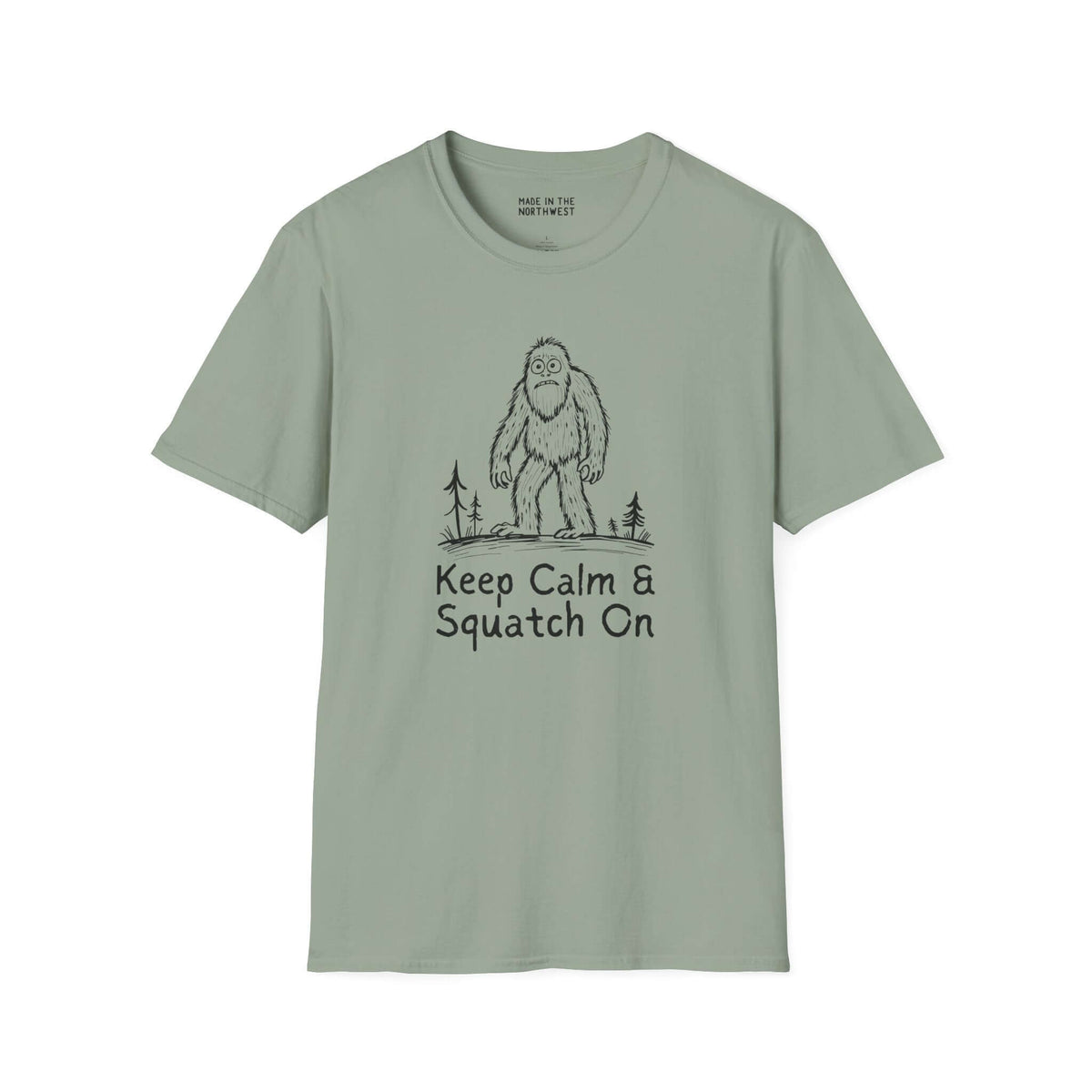 Keep Calm & Squatch On Bigfoot softstyle t-shirt in green for Sasquatch enthusiasts, featuring Bigfoot graphic.