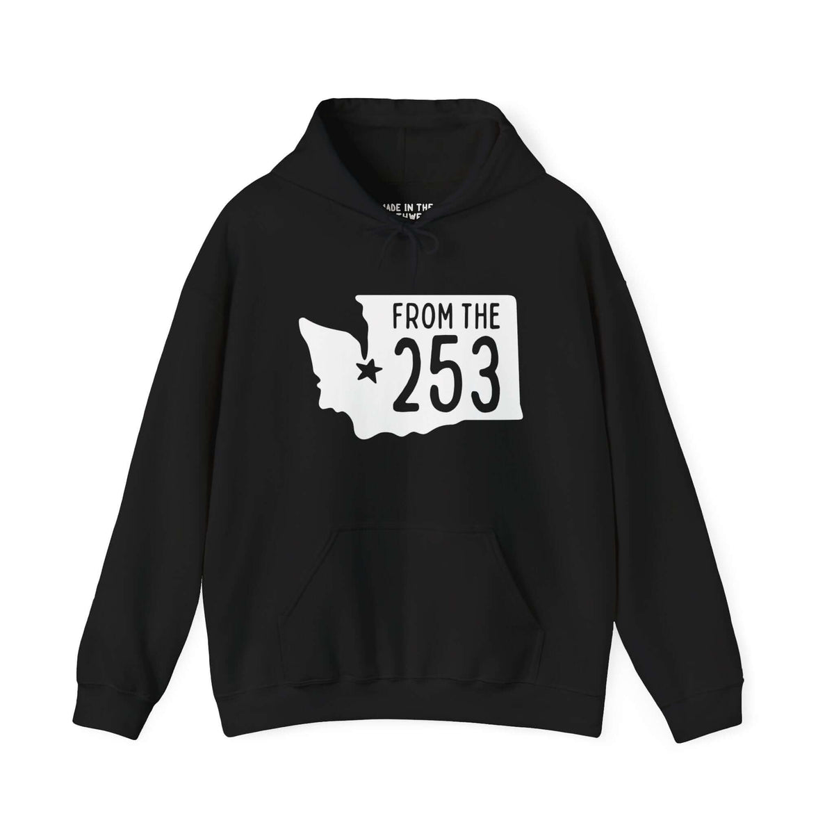 "From the 253 hoodie featuring Washington state silhouette and Tacoma star, representing local pride and style."