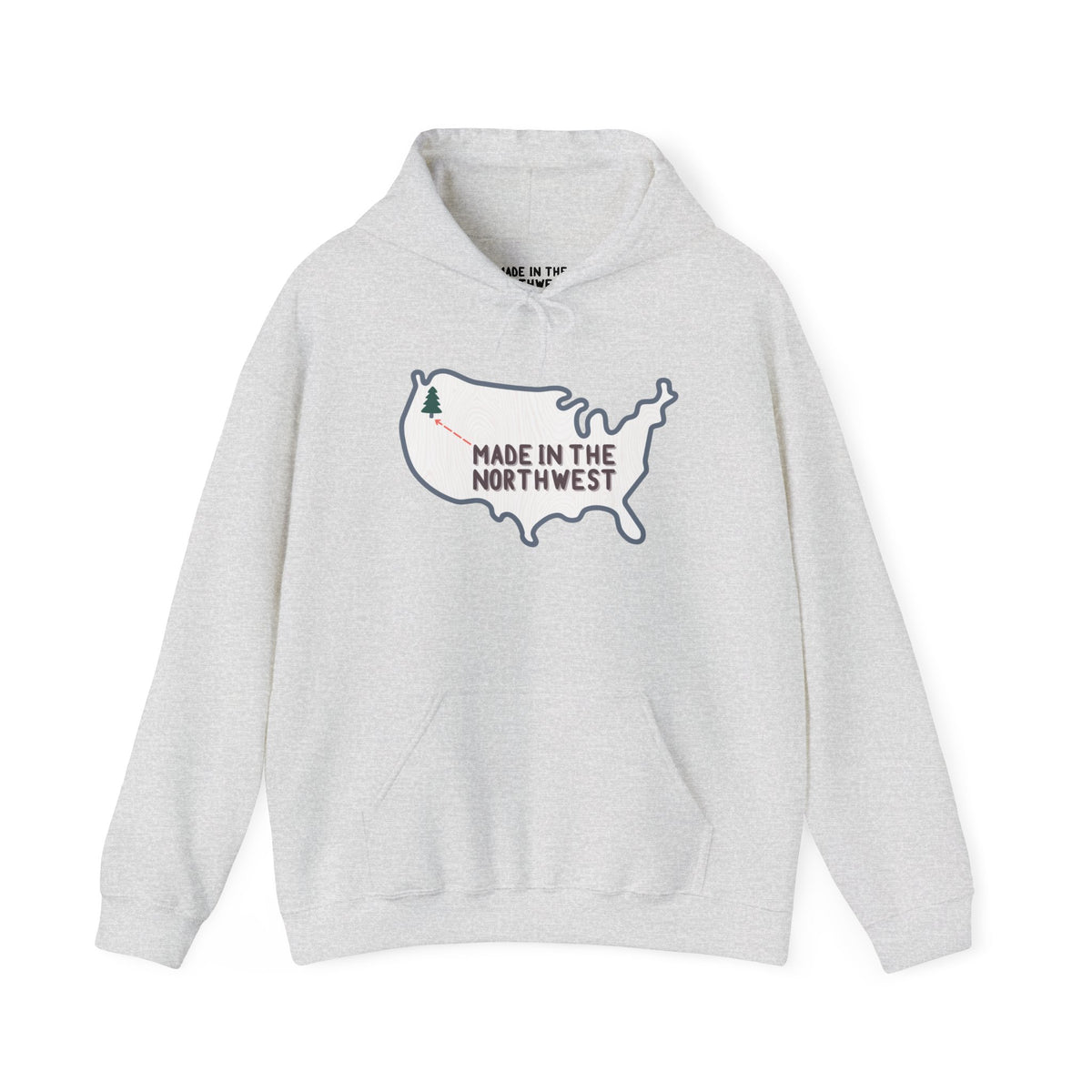 Light gray hoodie featuring map of the U.S. with 'Made in the Northwest' design for Pacific Northwest pride.
