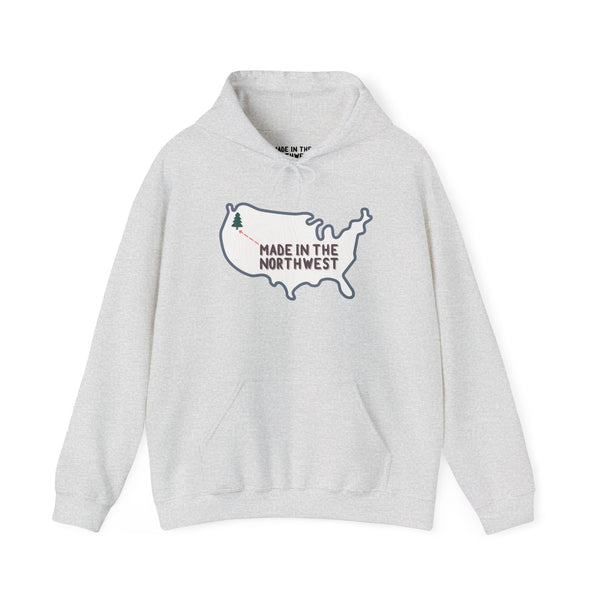 Light gray hoodie featuring map of the U.S. with 'Made in the Northwest' design for Pacific Northwest pride.