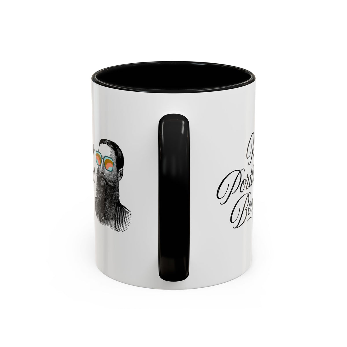 Keep Portland Beard Ceramic Coffee Mug featuring a bearded man with sunglasses on a white background.
