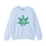 Light blue sweatshirt with bold green marijuana leaf graphic saying 'I THE PNW' for Pacific Northwest lovers.