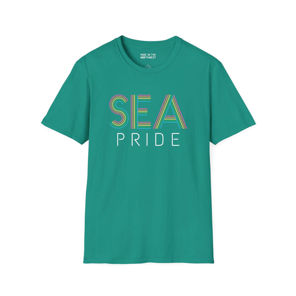 Bright SEA Pride rainbow t-shirt celebrating identity and community, perfect for Seattle Pride events.