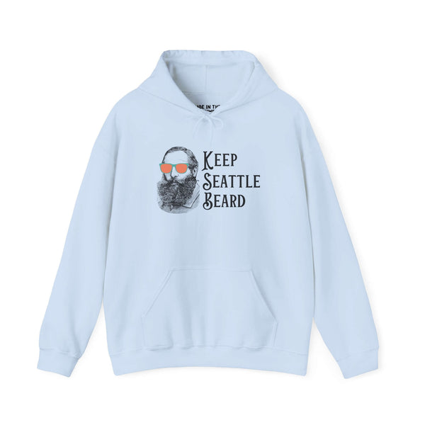 Light blue hoodie featuring vintage bearded man design with sunglasses and 'Keep Seattle Beard' slogan.