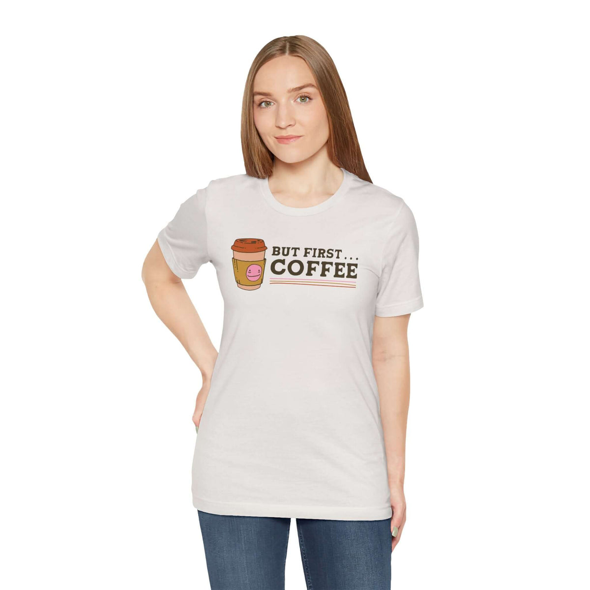 But First Coffee T Shirt – Minimalist Morning Ritual Tee worn by a model with a coffee cup graphic.