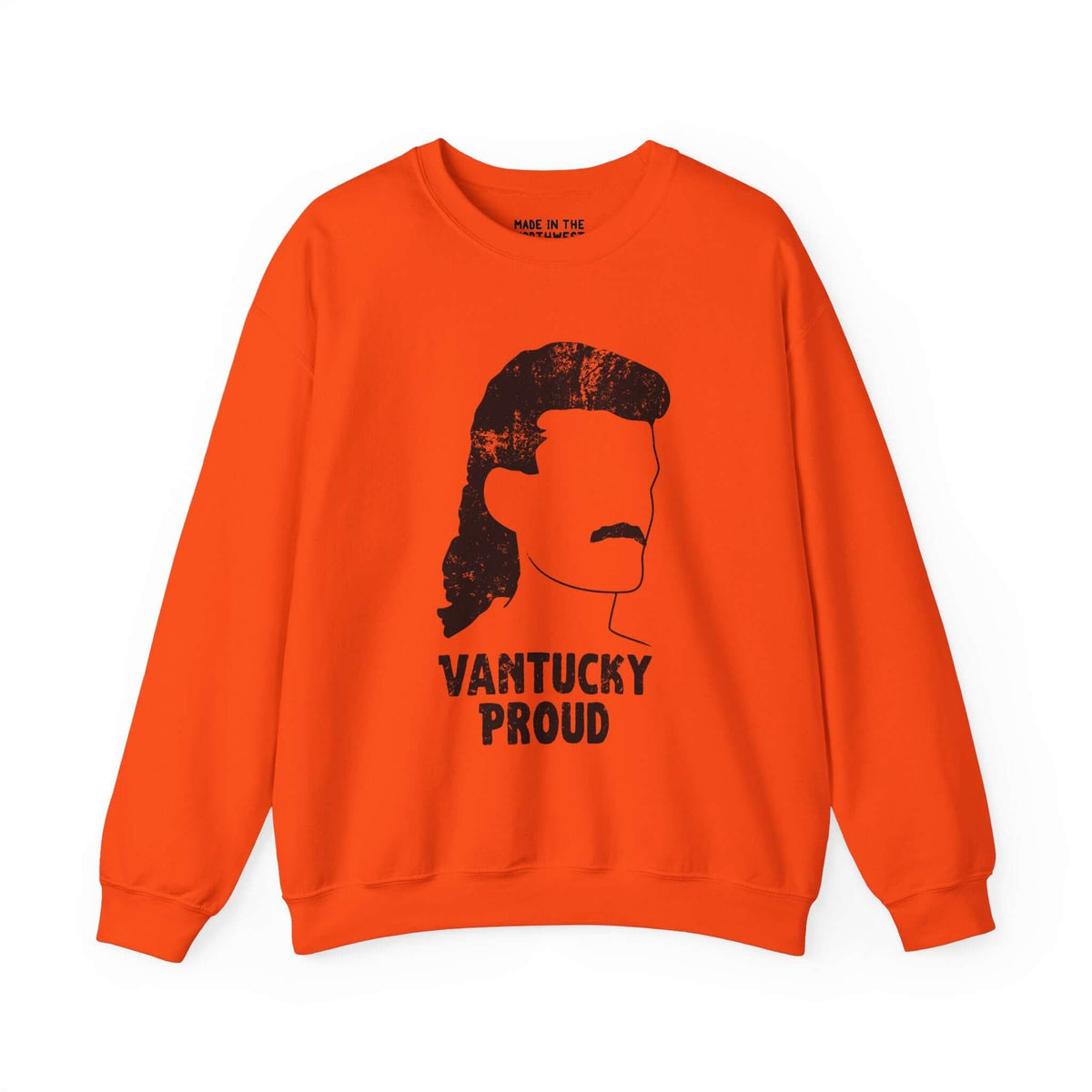 Orange Vantucky Proud sweatshirt featuring Billy Ray Slammer design with bold text and graphic silhouette.