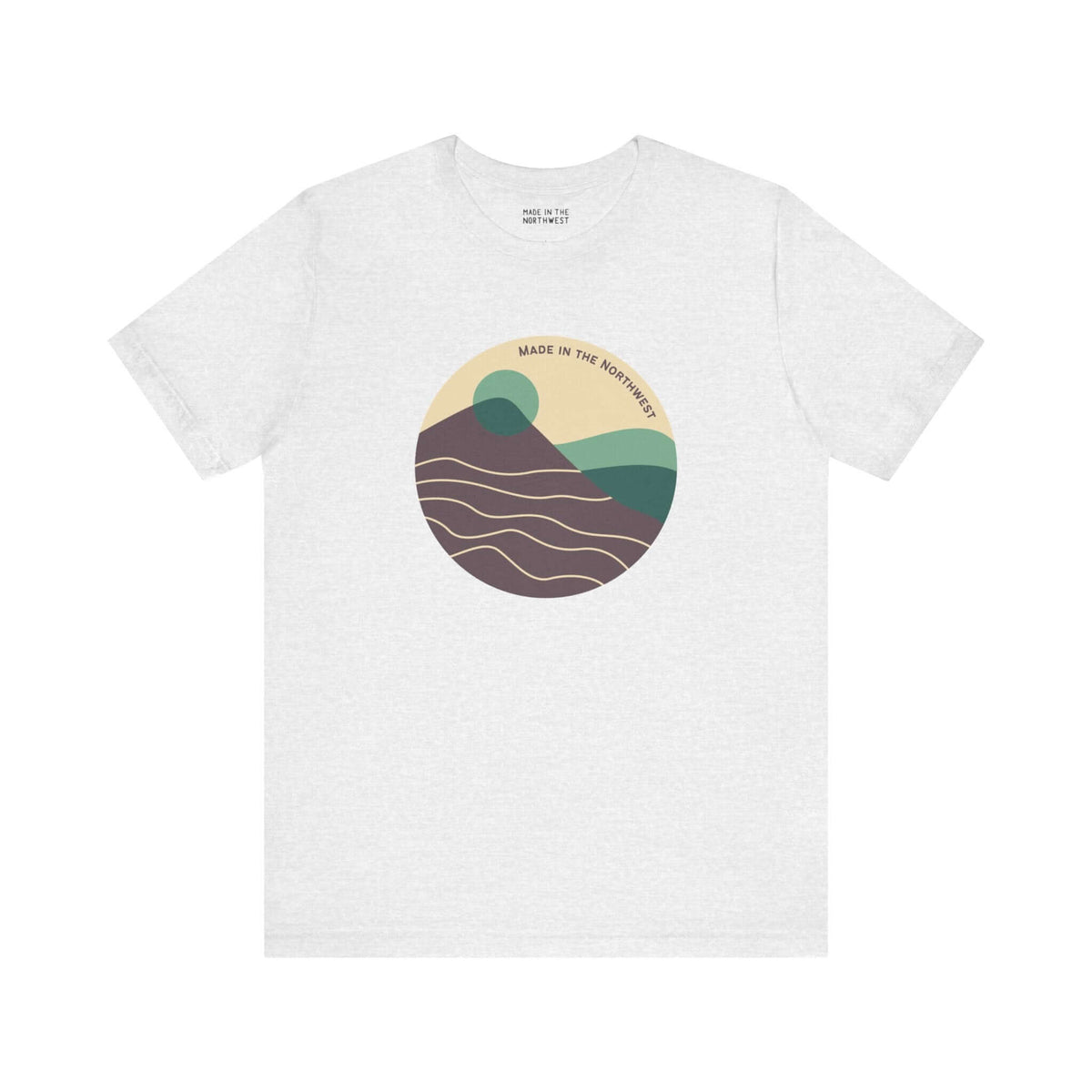 Pacific Peaks Modern Circle Soft Tee with mountain design in muted colors, perfect for outdoor enthusiasts showing love for the Northwest.