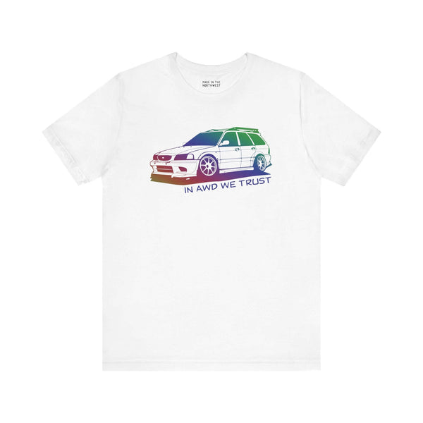 In AWD We Trust premium tee featuring a slammed Subaru WRX wagon design on a white shirt.