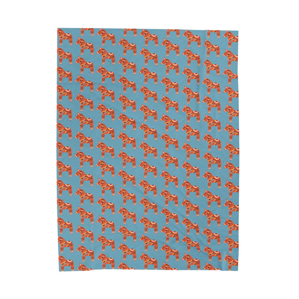 Dala Horse Blanket – Scandi Spirit Lightweight Cozy Throw featuring colorful horse patterns on a blue background.