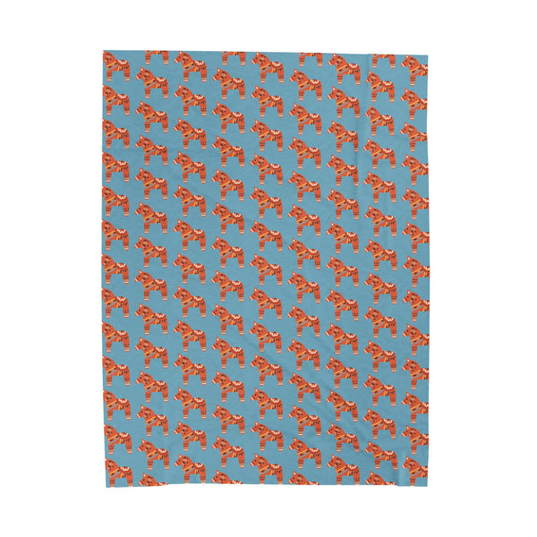 Dala Horse Blanket – Scandi Spirit Lightweight Cozy Throw featuring colorful horse patterns on a blue background.