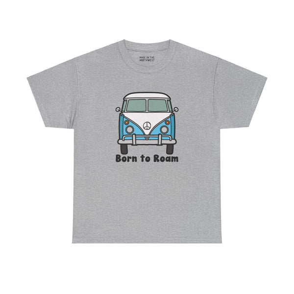 Gray "Born to Roam" athletic tee with vanagon bus and peace sign design, perfect for adventurous and nomadic lifestyle enthusiasts.