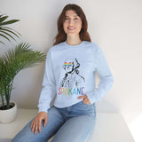 Woman wearing George's Rainbow Vision Spokane sweatshirt with rainbow lettering and George Washington design.