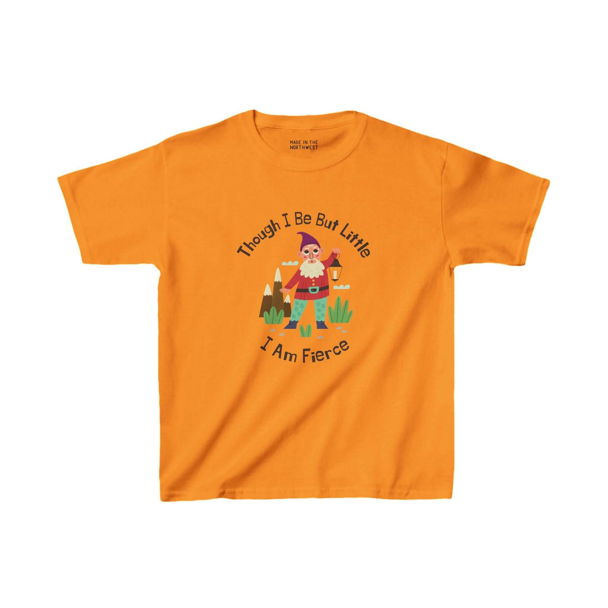 Kids orange t-shirt with "Though I Be But Little, I Am Fierce" text and colorful gnome design, inspired by Shakespeare.