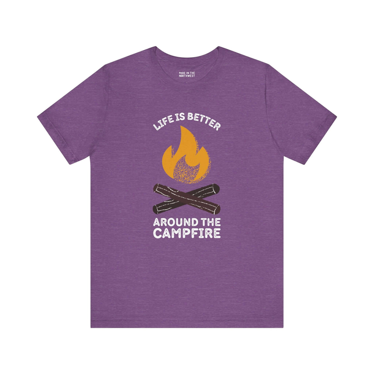 Purple tee with campfire graphic and text 'Life is Better Around the Campfire' for outdoor lovers and campers.