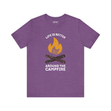 Purple tee with campfire graphic and text 'Life is Better Around the Campfire' for outdoor lovers and campers.