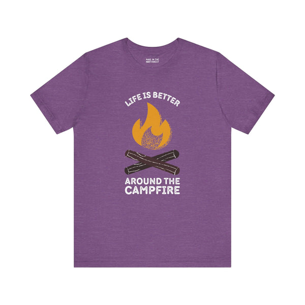 Purple tee with campfire graphic and text 'Life is Better Around the Campfire' for outdoor lovers and campers.