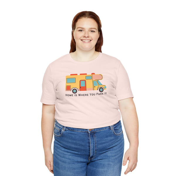 Home Is Where You Park It Premium Soft Tee on a model with an RV graphic, perfect for van lifers and adventurers.
