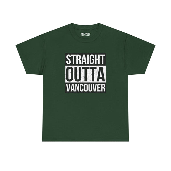 Green athletic tee featuring 'Straight Outta Vancouver' graphic for city pride and streetwear style.