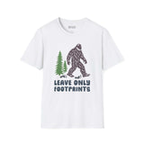 Leave Only Footprints T Shirt featuring a graphic of Sasquatch and evergreen trees on a white tee.