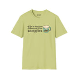 Unisex softstyle t-shirt in light green with campfire-themed design and text 'Life's Better Around the Campfire'.