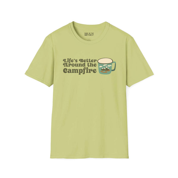 Unisex softstyle t-shirt in light green with campfire-themed design and text 'Life's Better Around the Campfire'.