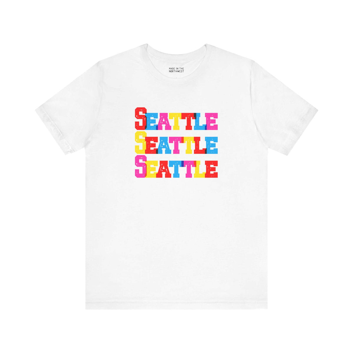Bold and bright Seattle tee featuring colorful stacked block letters on a white background.