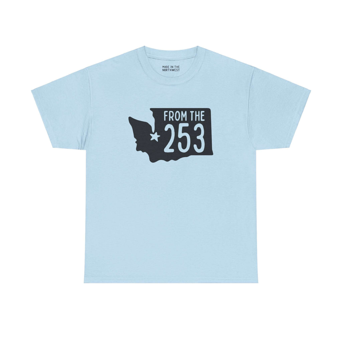 Light blue "From the 253" tee featuring Washington state silhouette with Tacoma star, representing local pride and area code.