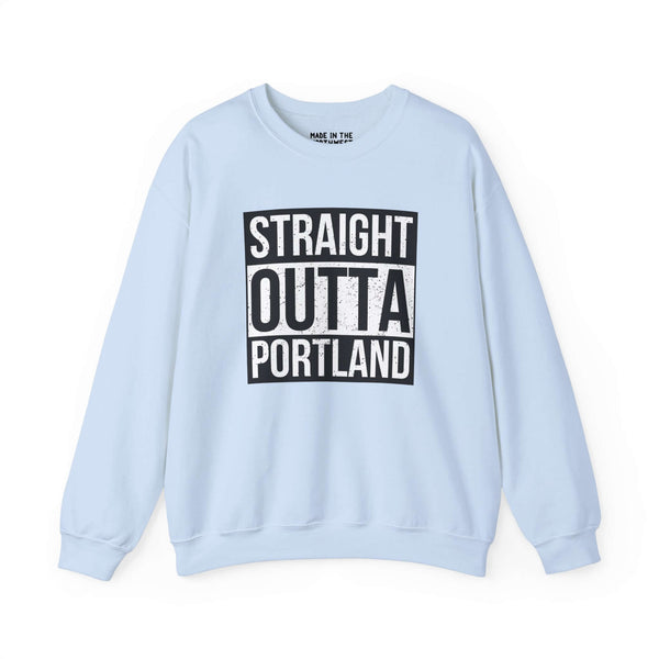 Straight Outta Portland sweatshirt in light blue with bold black and white text, showcasing city pride and streetwear style.