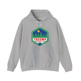 Gray Tacoma hoodie with retro 90s-style badge featuring trees and the sun, highlighting Grit City pride and outdoors connection.