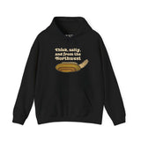 Thick & Salty Northwest Geoduck Clam Hoodie featuring a bold clam graphic on a black background.