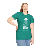 Serene woman graphic on Ask Believe Receive Repeat softstyle t-shirt, promoting positivity and manifestation.