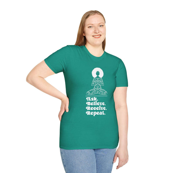 Serene woman graphic on Ask Believe Receive Repeat softstyle t-shirt, promoting positivity and manifestation.