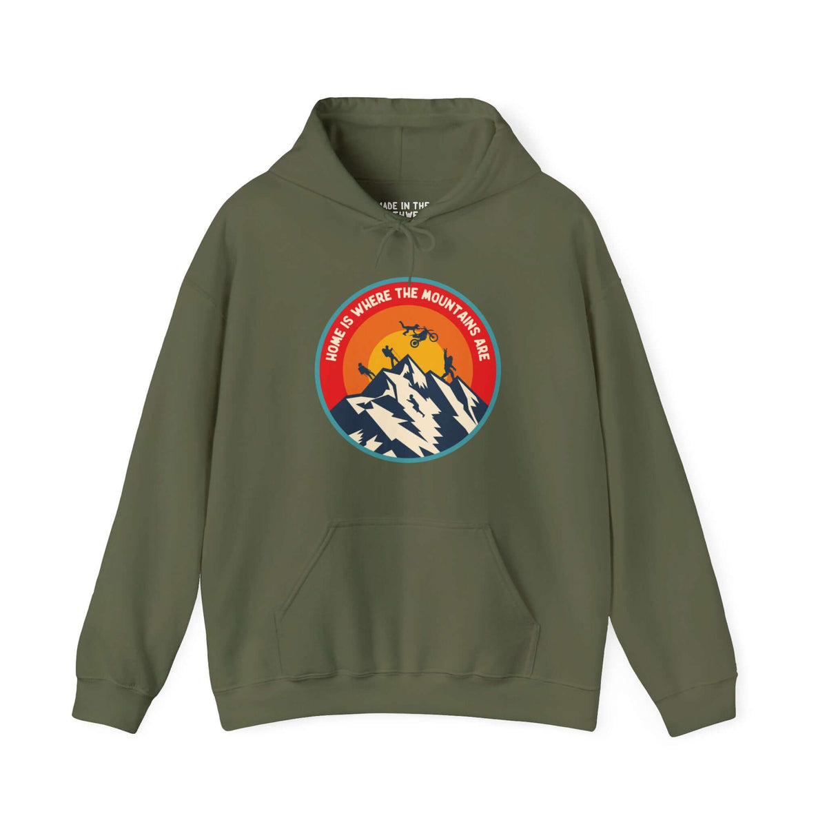 Olive green hoodie with "Home is Where the Mountains Are" design featuring mountains, hiking, motocross, and Bigfoot for PNW enthusiasts.