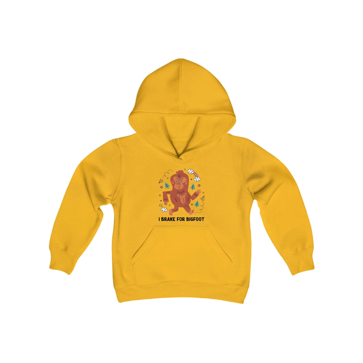 Yellow "I Brake for Bigfoot" kids hoodie with playful Bigfoot graphic, perfect for young adventurers and outdoor enthusiasts.