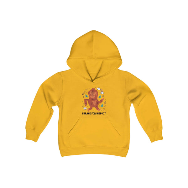 Yellow "I Brake for Bigfoot" kids hoodie with playful Bigfoot graphic, perfect for young adventurers and outdoor enthusiasts.