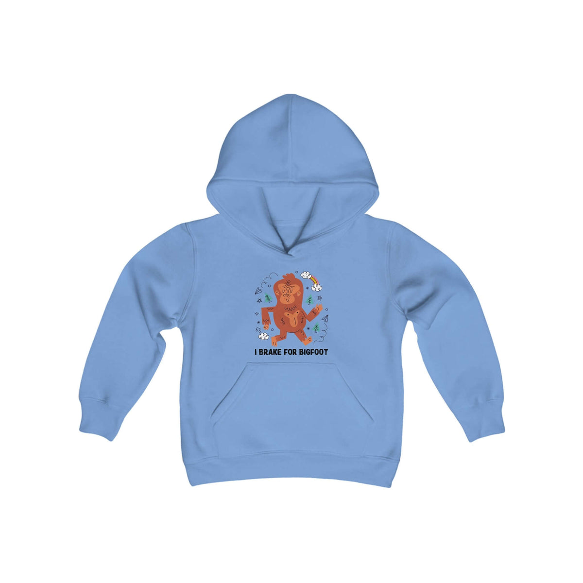 I Brake for Bigfoot blue kids hoodie with fun Bigfoot graphic, perfect for young adventurers and nature explorers.