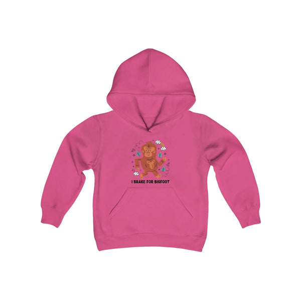 Pink "I Brake for Bigfoot" kids hoodie with playful Bigfoot design, perfect for young adventurers and outdoor enthusiasts.