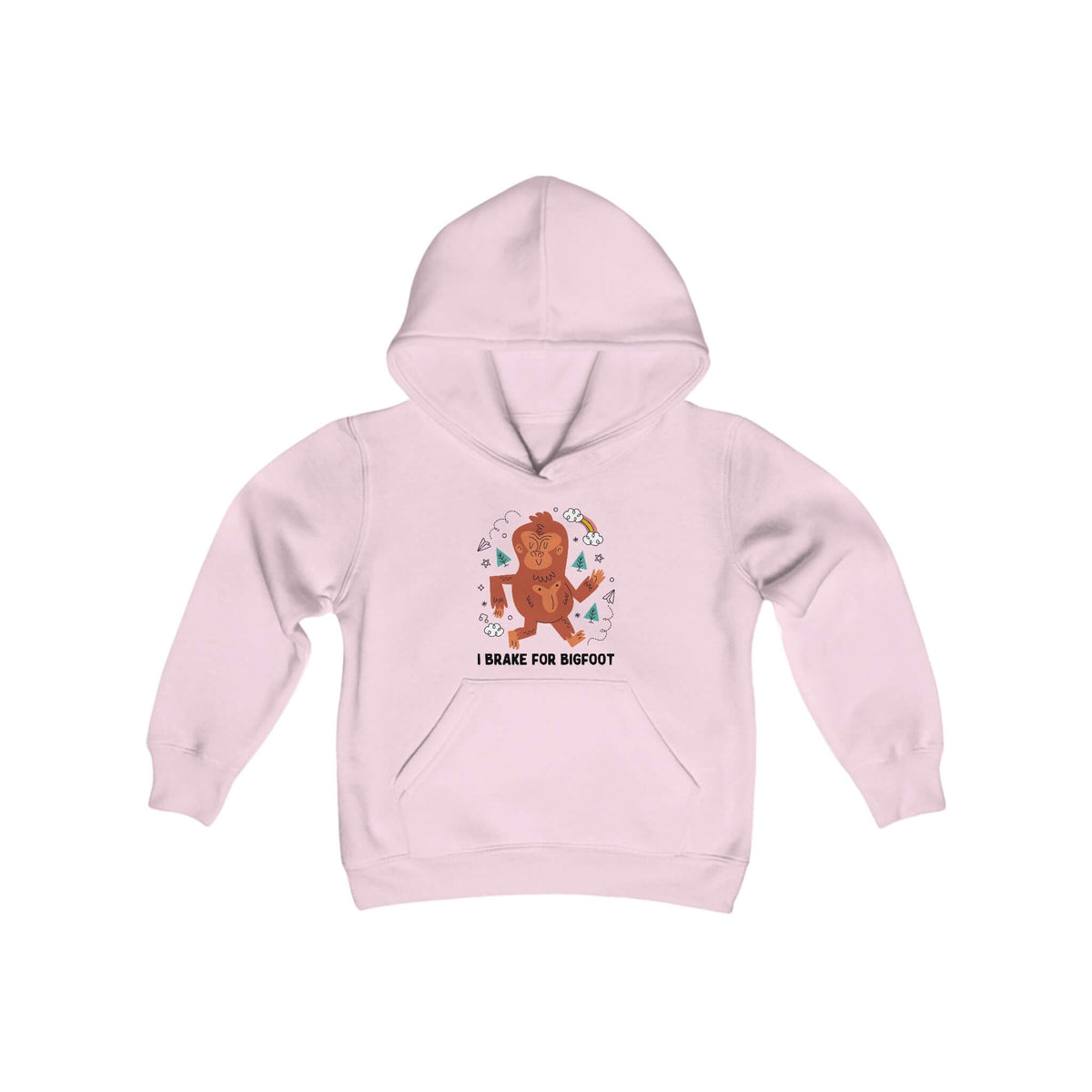 Pink "I Brake for Bigfoot" hoodie for kids, featuring a fun Bigfoot design, ideal for adventurous children who love the outdoors.