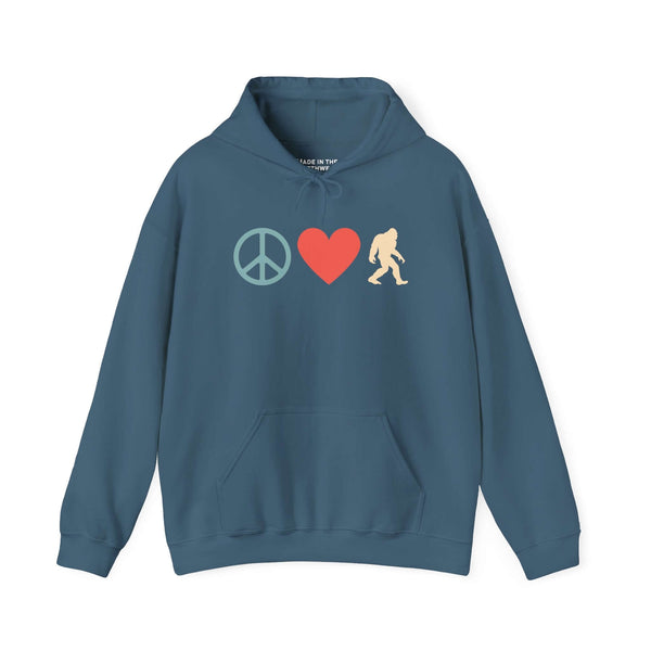 Peace, Love, and Bigfoot Cozy Hoodie with playful design featuring peace sign, heart, and Bigfoot silhouette.