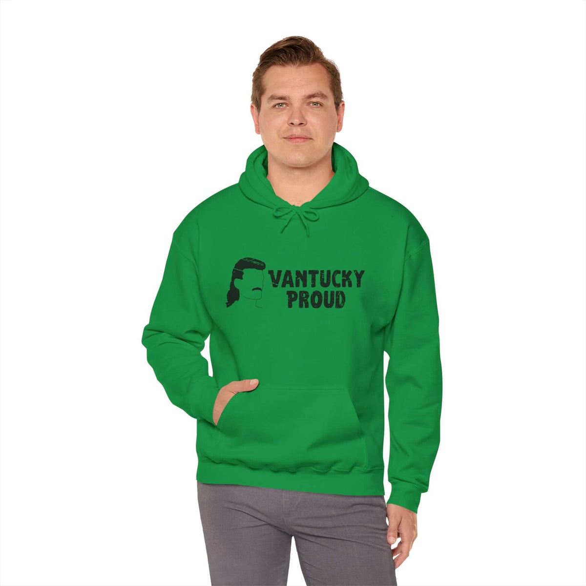 Person wearing green Vantucky Proud Billy Ray Slammer hoodie with a graphic design and text in front.