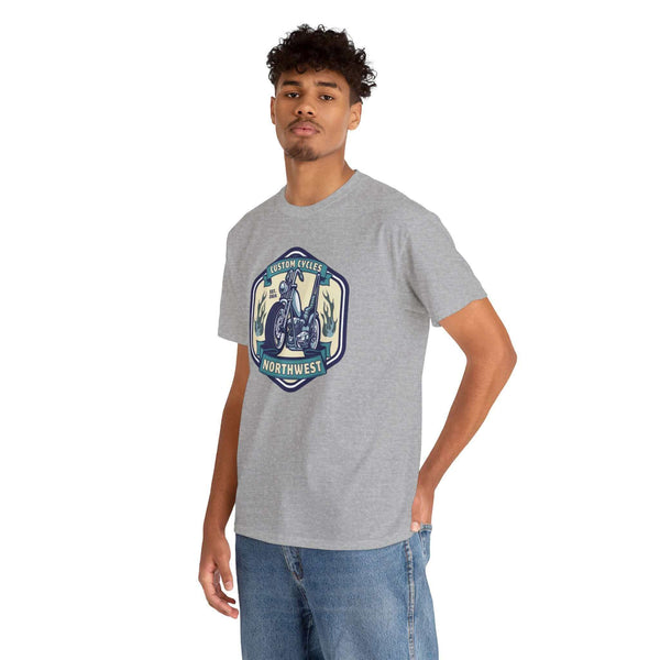 Man wearing a Custom Cycles Northwest athletic tee, featuring a motorcycle design. Perfect for motorcycle enthusiasts seeking style and comfort.