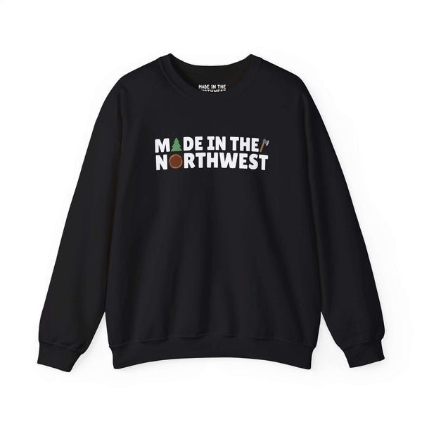 Black sweatshirt with "Made in the Northwest" text, featuring tree and log graphics, perfect for nature lovers and PNW enthusiasts.